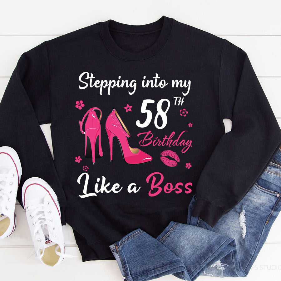 Stepping into my 58th Birthday Like a Boss, 58th birthday unique gifts for woman, 58th birthday ideas, Turning 58 years old cotton shirt