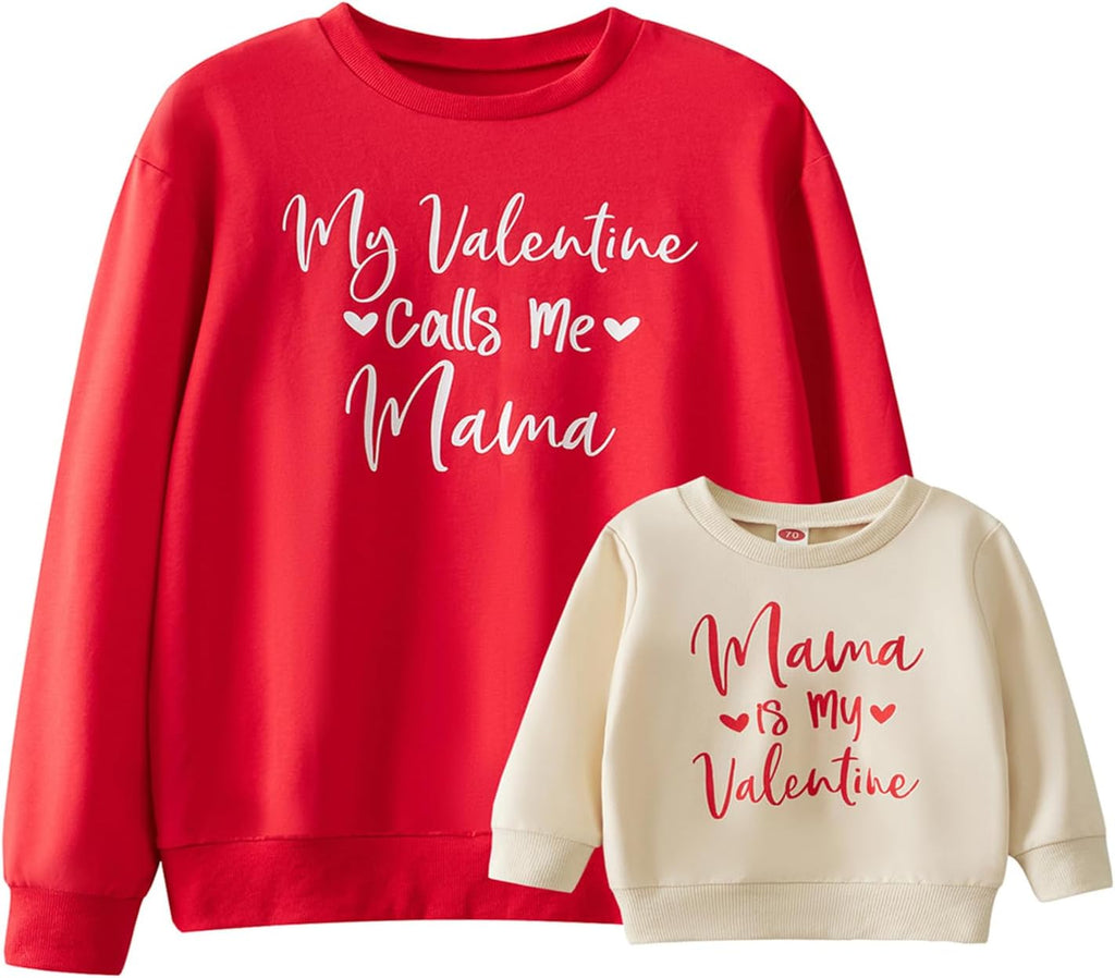 Karuedoo Mommy and Me Valentines Outfits Family Matching Shirts Letter Print Crewneck Long Sleeve Sweatshirt Pullover Top