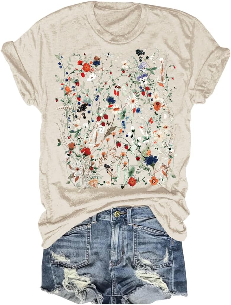 Women's Vintage Flowers Shirt Casual Boho Floral Printed T-Shirt Sunflower Wildflowers Graphic Tees Tops for Girl
