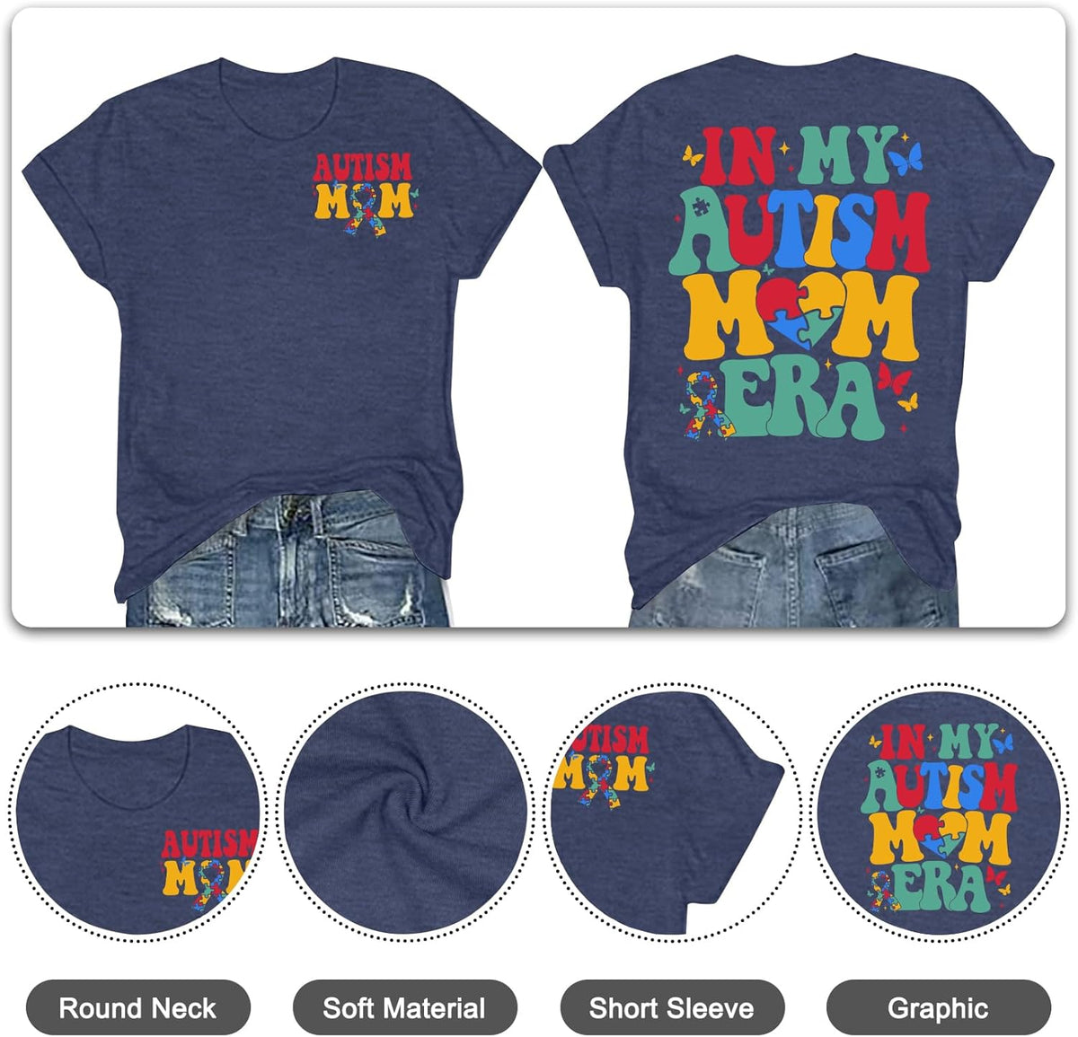 PICKID Autism Awareness Shirt Women Autism Mom T Shirt in My Autism Mom Era Print Tee Inspirational Short Sleeve Tops