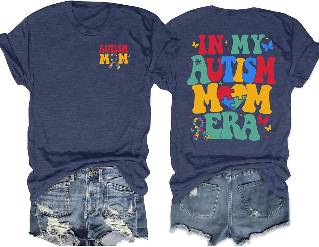 PICKID Autism Awareness Shirt Women Autism Mom T Shirt in My Autism Mom Era Print Tee Inspirational Short Sleeve Tops
