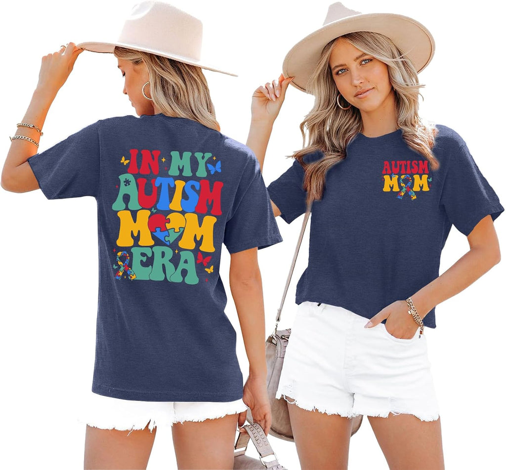 PICKID Autism Awareness Shirt Women Autism Mom T Shirt in My Autism Mom Era Print Tee Inspirational Short Sleeve Tops