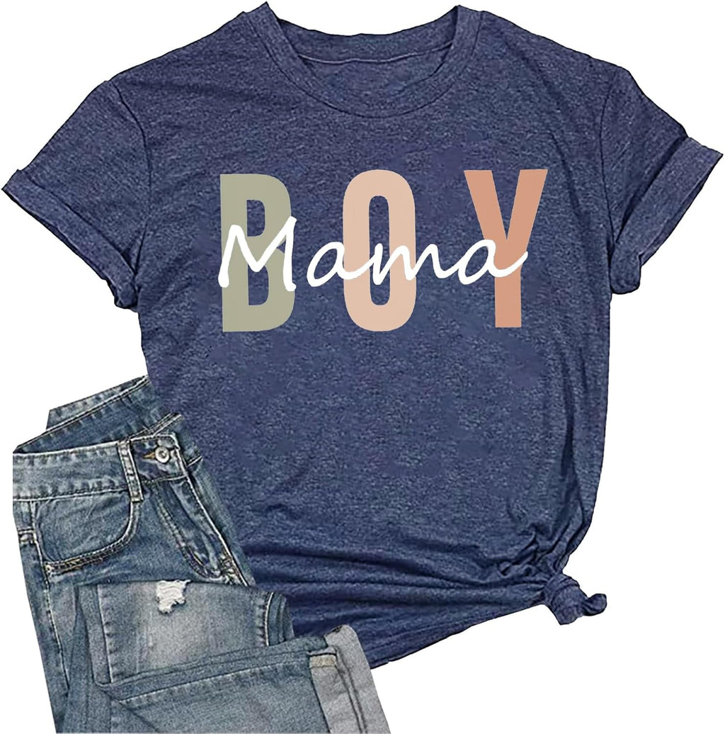 Funny Boy Mama Shirt for Women - Mom Letter Print Tshirt Boy Mom Short Sleeve Shirt Mothers Day Tee Top