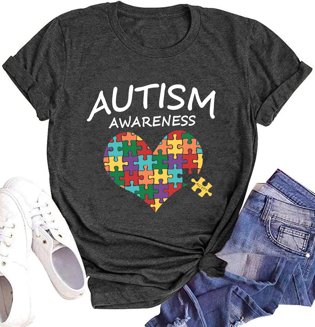 hohololo Autism Awareness Shirt Womens Autism T-Shirt Teacher Puzzle Heart Graphic Tee Autism Acceptance Tops